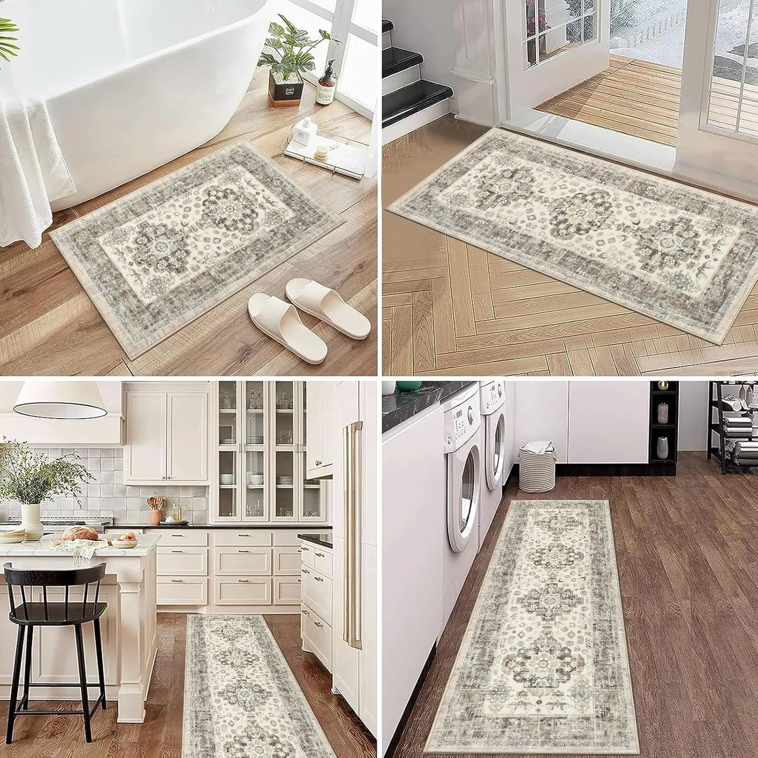 Pauwer Kitchen Rugs Sets of 3 Non Slip Washable Kitchen Mats for Floor Farmhouse Kitchen Floor Mat Runner Rug Boho Kitchen Sink Rug Carpet for Kitchen Hallway Laundry Room, Brown