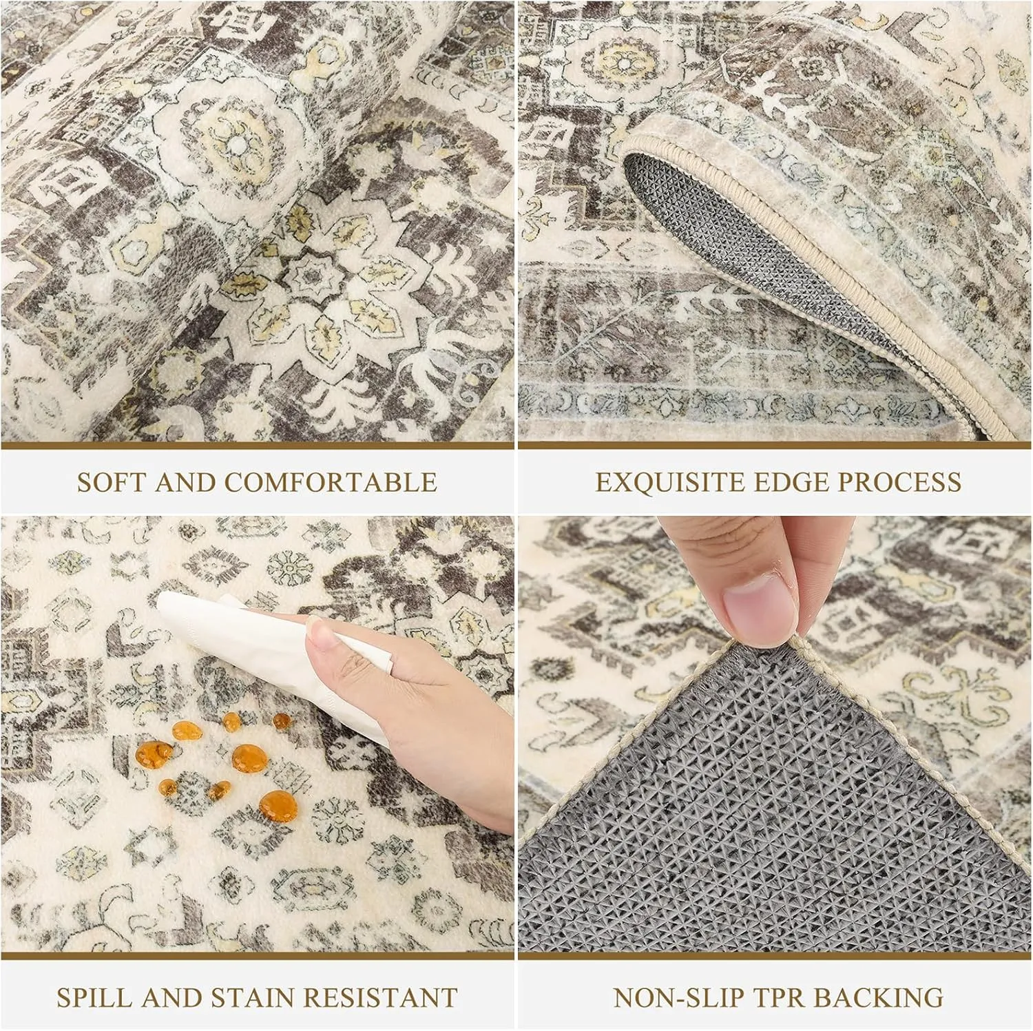 Pauwer Kitchen Rugs Sets of 3 Non Slip Washable Kitchen Mats for Floor Farmhouse Kitchen Floor Mat Runner Rug Boho Kitchen Sink Rug Carpet for Kitchen Hallway Laundry Room, Brown