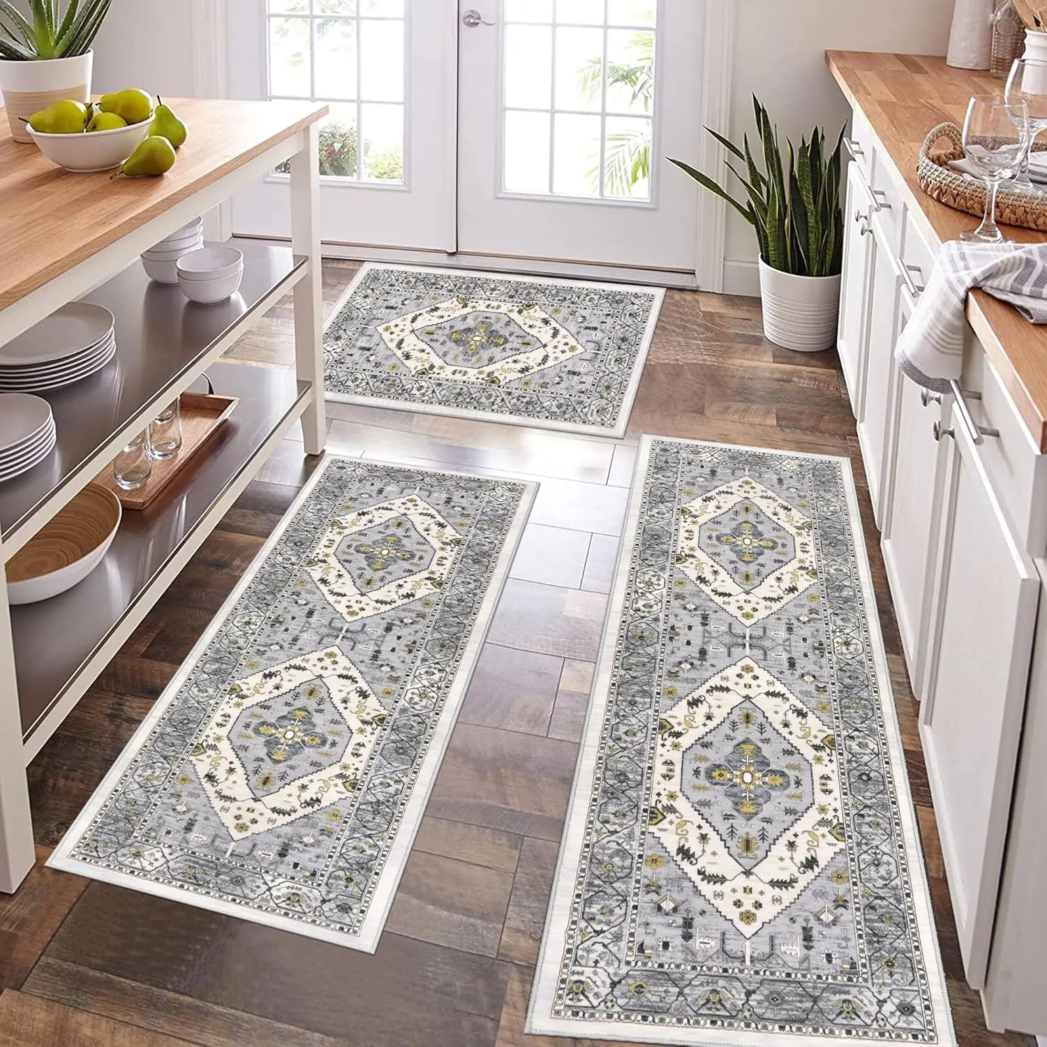 Pauwer Kitchen Rugs Sets of 3 Non Slip Washable Kitchen Mats for Floor Farmhouse Kitchen Floor Mat Runner Rug Boho Kitchen Sink Rug Carpet for Kitchen Hallway Laundry Room, Grey