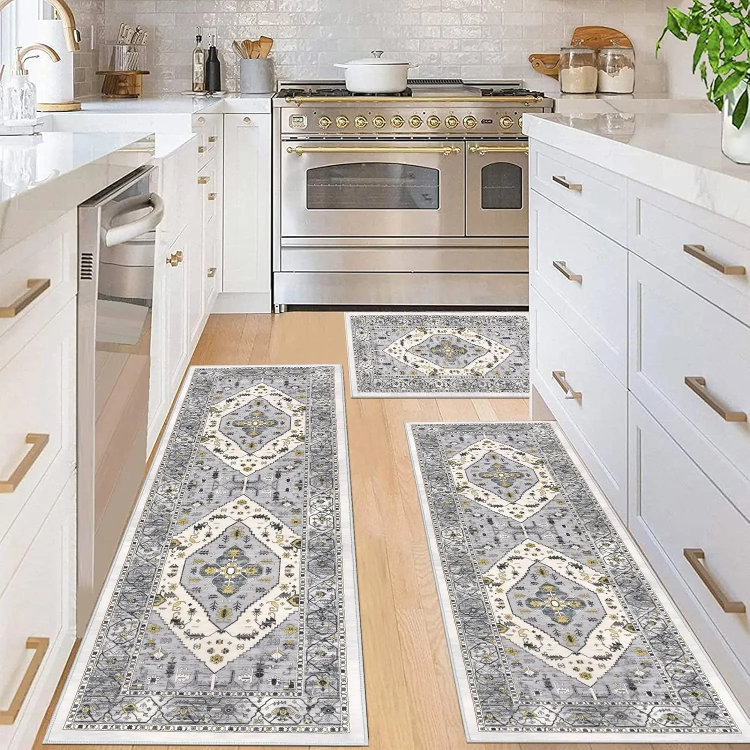 Pauwer Kitchen Rugs Sets of 3 Non Slip Washable Kitchen Mats for Floor Farmhouse Kitchen Floor Mat Runner Rug Boho Kitchen Sink Rug Carpet for Kitchen Hallway Laundry Room, Grey