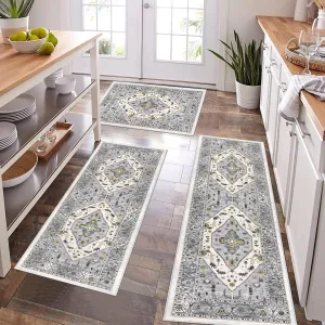 Pauwer Kitchen Rugs Sets of 3 Non Slip Washable Kitchen Mats for Floor Farmhouse Kitchen Floor Mat Runner Rug Boho Kitchen Sink Rug Carpet for Kitchen Hallway Laundry Room, Grey