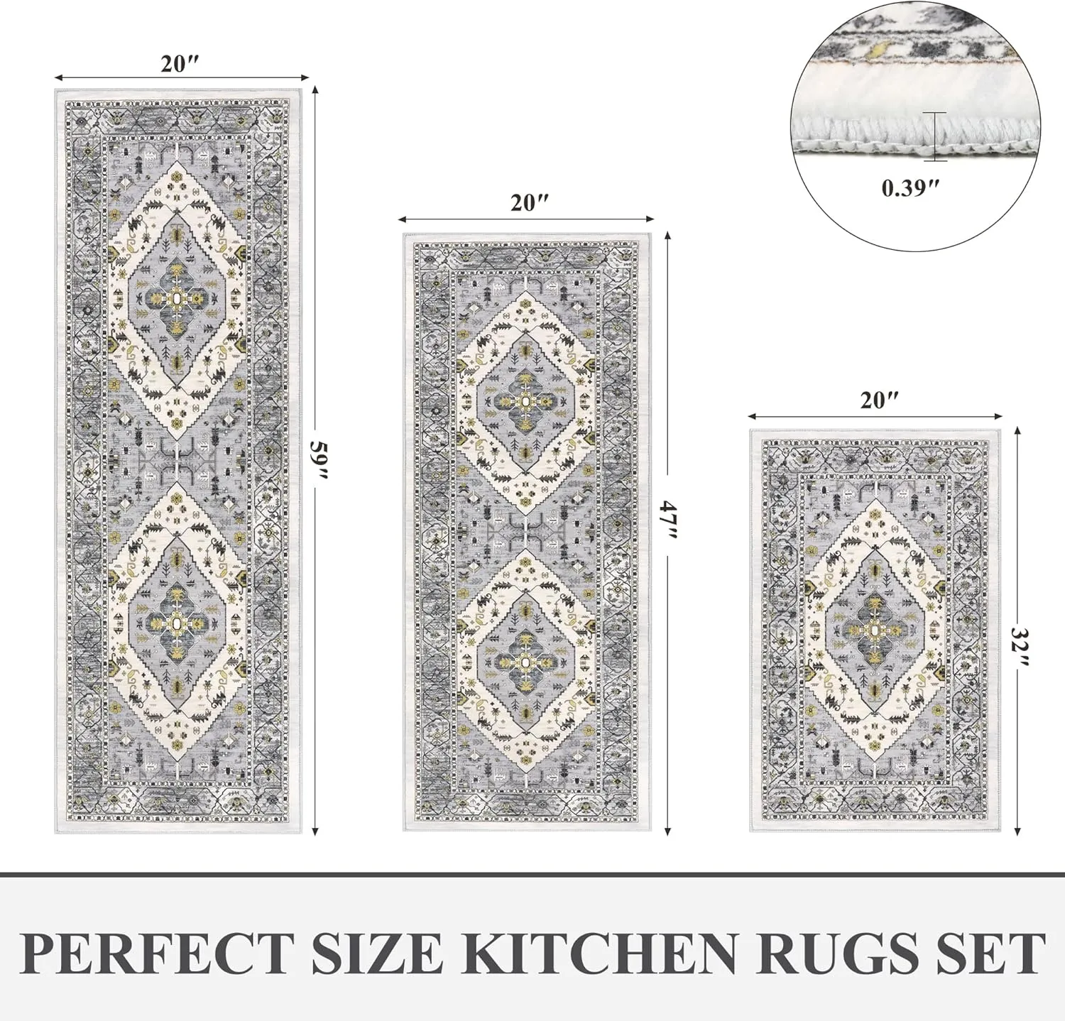 Pauwer Kitchen Rugs Sets of 3 Non Slip Washable Kitchen Mats for Floor Farmhouse Kitchen Floor Mat Runner Rug Boho Kitchen Sink Rug Carpet for Kitchen Hallway Laundry Room, Grey