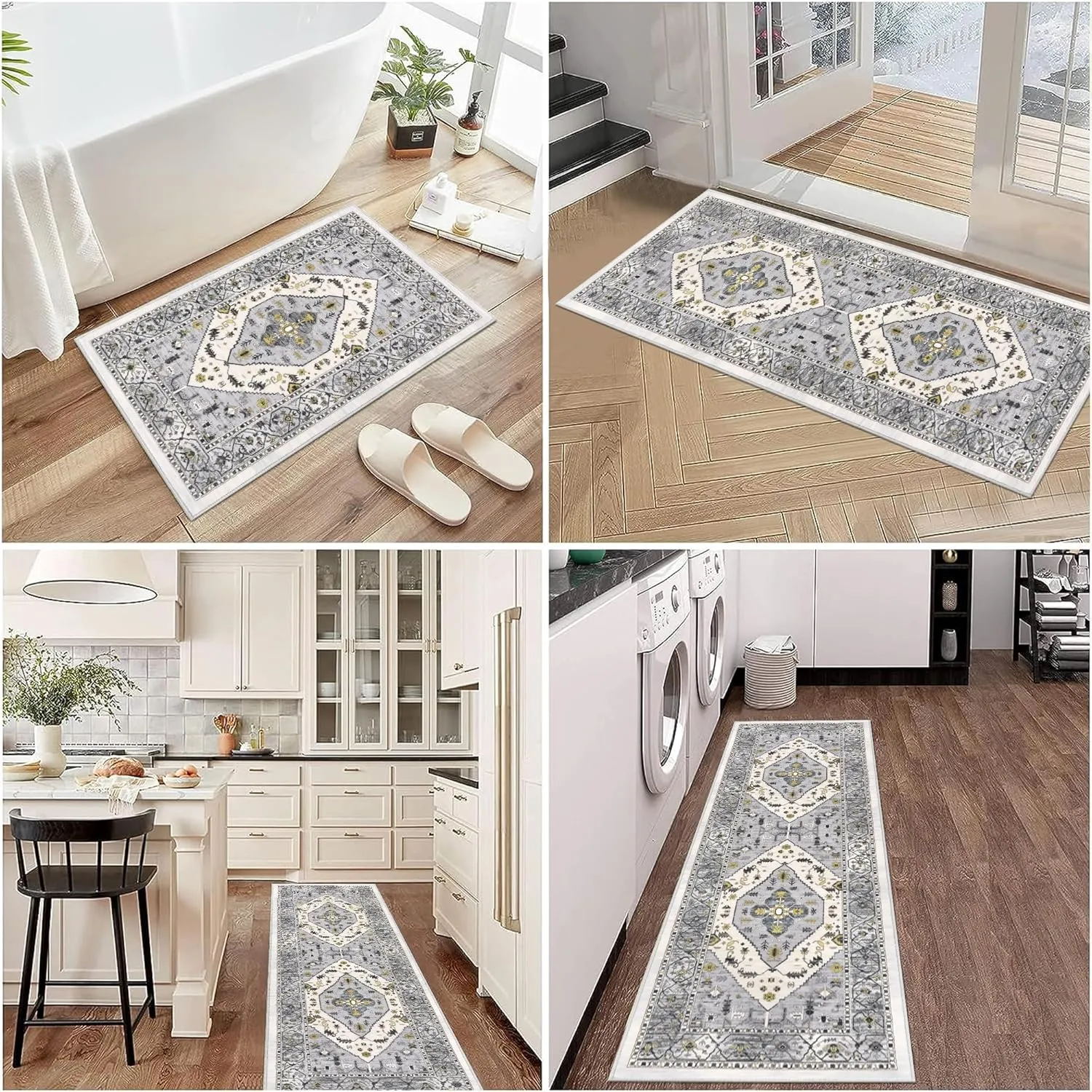 Pauwer Kitchen Rugs Sets of 3 Non Slip Washable Kitchen Mats for Floor Farmhouse Kitchen Floor Mat Runner Rug Boho Kitchen Sink Rug Carpet for Kitchen Hallway Laundry Room, Grey