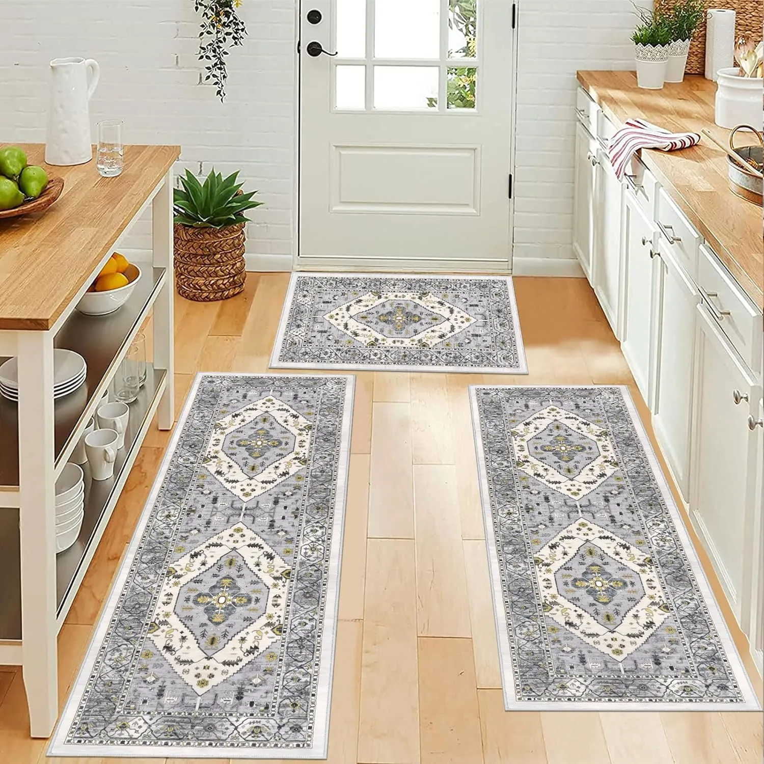 Pauwer Kitchen Rugs Sets of 3 Non Slip Washable Kitchen Mats for Floor Farmhouse Kitchen Floor Mat Runner Rug Boho Kitchen Sink Rug Carpet for Kitchen Hallway Laundry Room, Grey