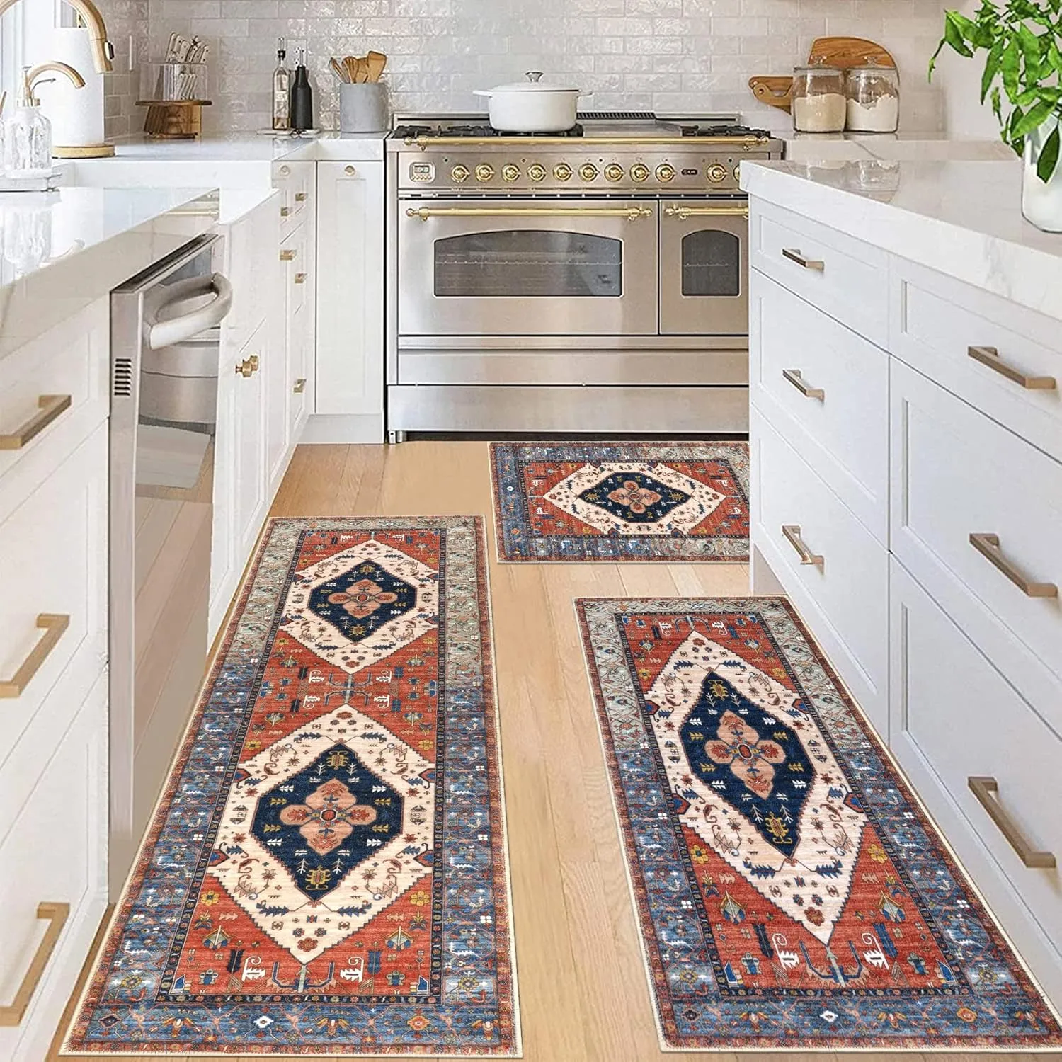 Pauwer Kitchen Rugs Sets of 3 Non Slip Washable Kitchen Mats for Floor Farmhouse Kitchen Floor Mat Runner Rug Boho Kitchen Sink Rug Carpet for Kitchen Hallway Laundry Room, Rust