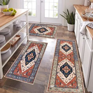 Pauwer Kitchen Rugs Sets of 3 Non Slip Washable Kitchen Mats for Floor Farmhouse Kitchen Floor Mat Runner Rug Boho Kitchen Sink Rug Carpet for Kitchen Hallway Laundry Room, Rust