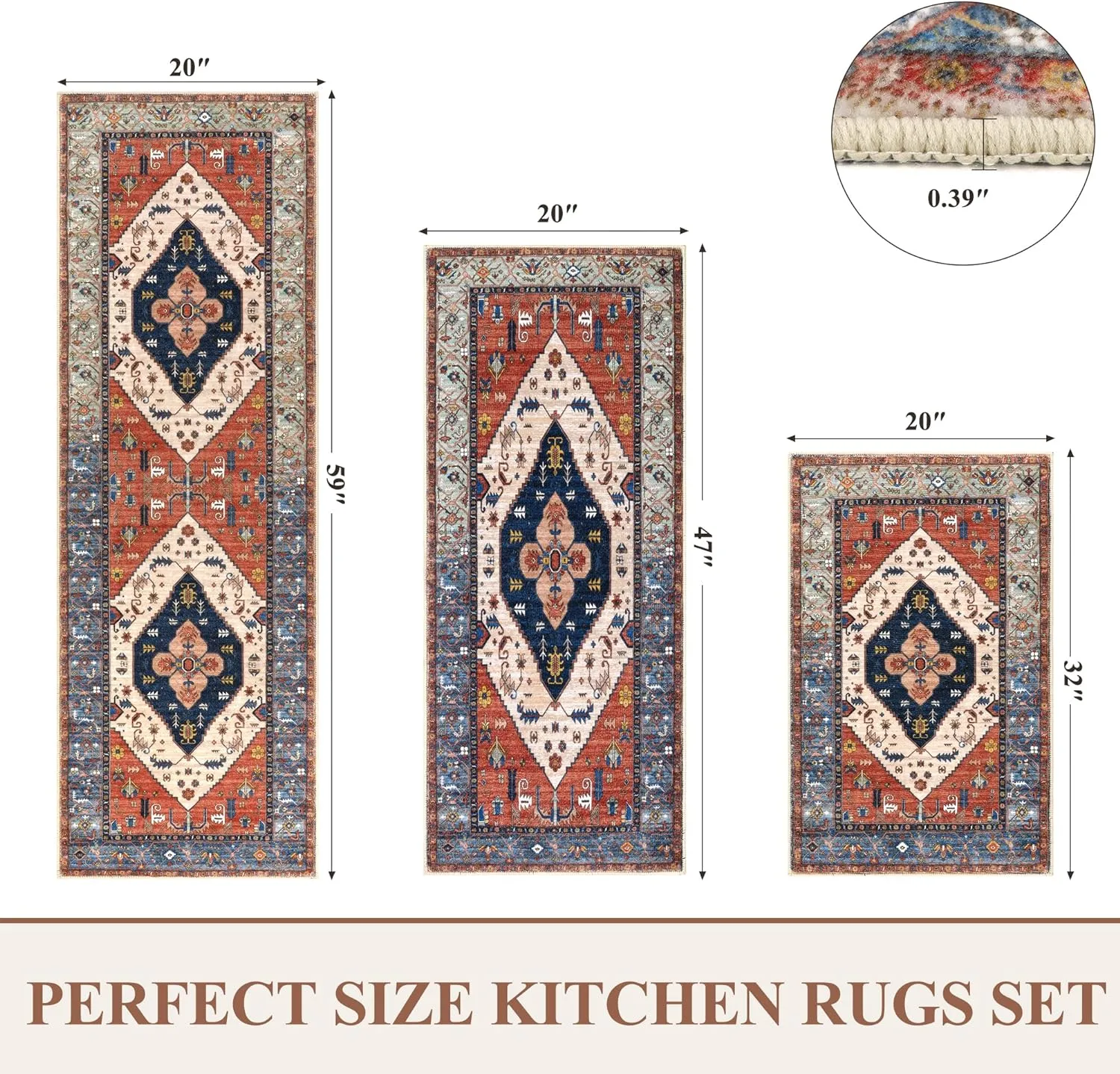Pauwer Kitchen Rugs Sets of 3 Non Slip Washable Kitchen Mats for Floor Farmhouse Kitchen Floor Mat Runner Rug Boho Kitchen Sink Rug Carpet for Kitchen Hallway Laundry Room, Rust