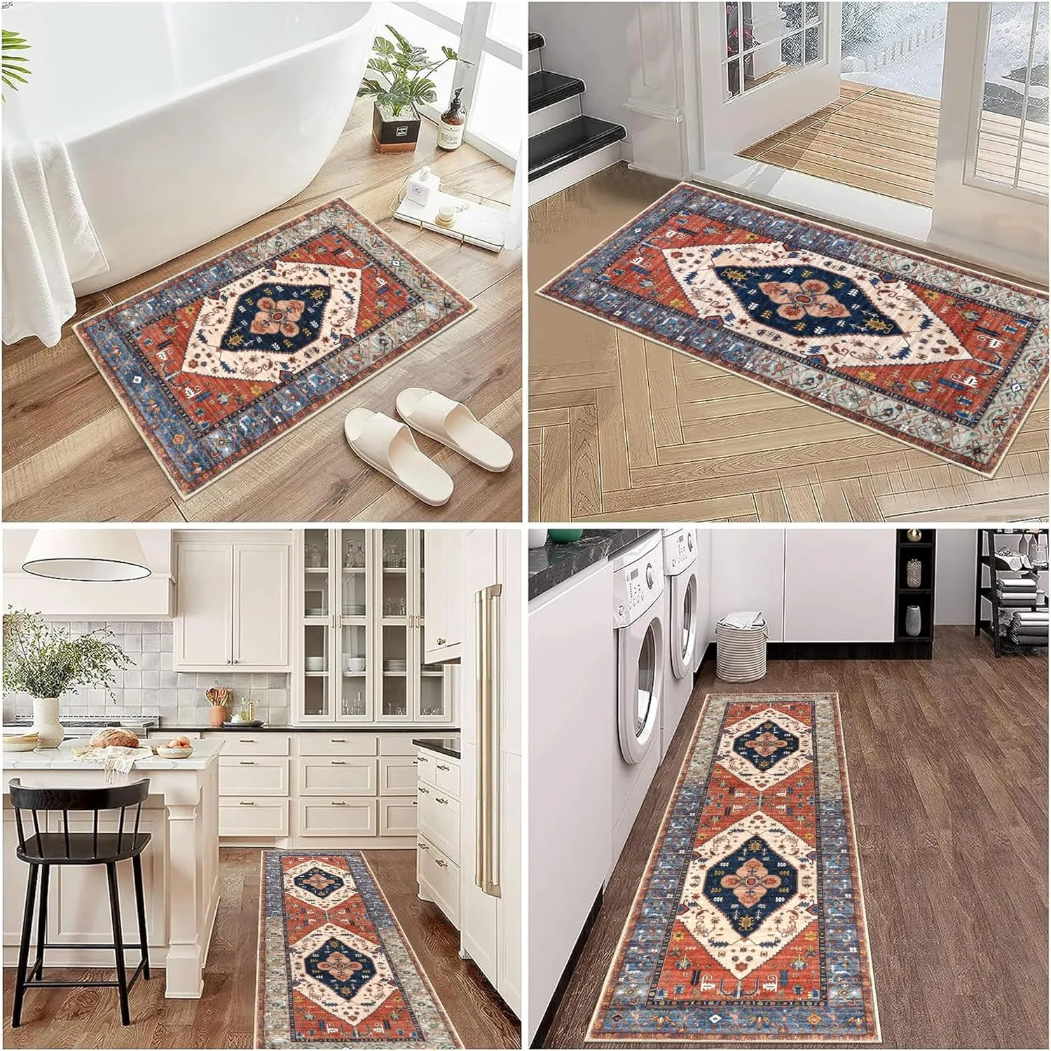 Pauwer Kitchen Rugs Sets of 3 Non Slip Washable Kitchen Mats for Floor Farmhouse Kitchen Floor Mat Runner Rug Boho Kitchen Sink Rug Carpet for Kitchen Hallway Laundry Room, Rust