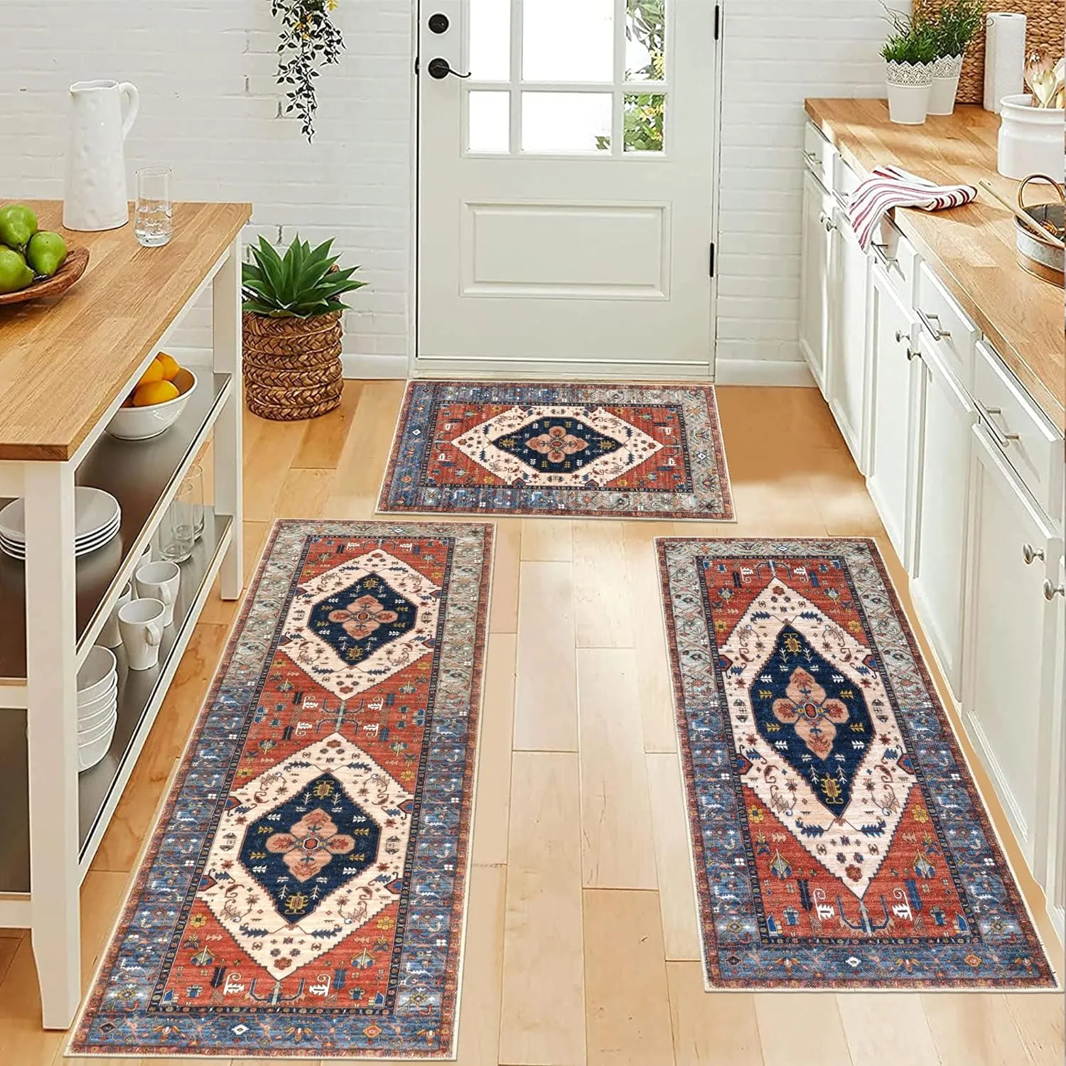 Pauwer Kitchen Rugs Sets of 3 Non Slip Washable Kitchen Mats for Floor Farmhouse Kitchen Floor Mat Runner Rug Boho Kitchen Sink Rug Carpet for Kitchen Hallway Laundry Room, Rust
