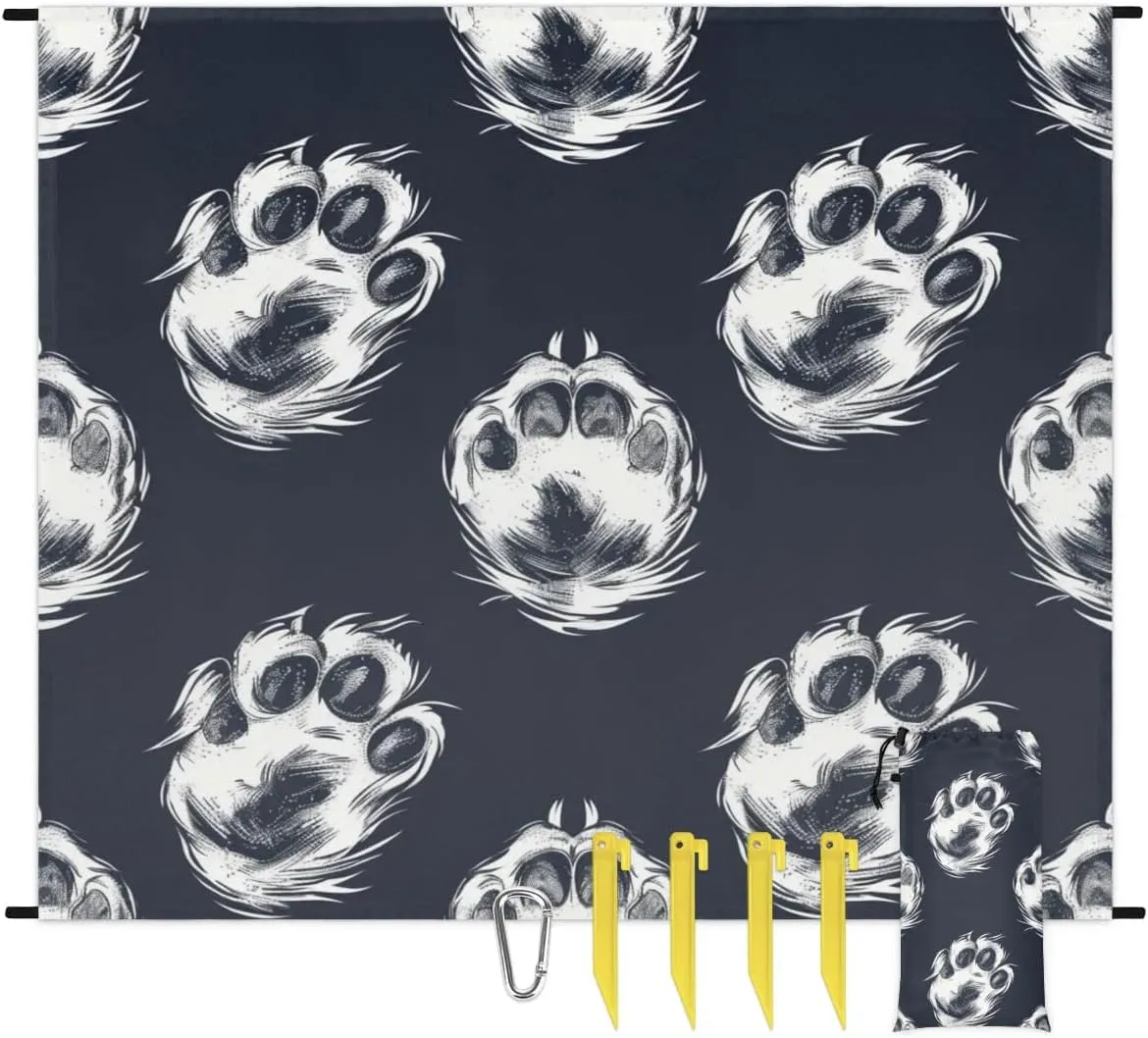 Paw Print Beach Blanket, Sandproof Beach Mat, Adults Waterproof Quick Drying Sand Free Mat with 4 x Ground Spikes for Outdoor Travel Camping Hiking, Cute Animal Dog Footprint