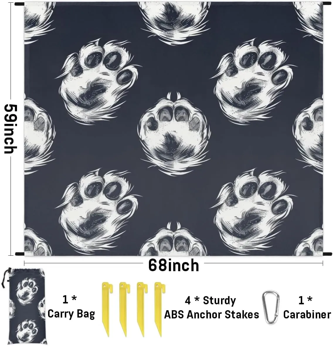 Paw Print Beach Blanket, Sandproof Beach Mat, Adults Waterproof Quick Drying Sand Free Mat with 4 x Ground Spikes for Outdoor Travel Camping Hiking, Cute Animal Dog Footprint