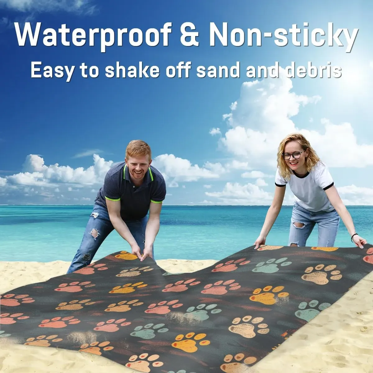 Paw Print Beach Blanket, Sandproof Beach Mat, Adults Waterproof Quick Drying Sand Free Mat with 4 x Ground Spikes for Outdoor Travel Camping Hiking, Cute Puppy Dog Paw