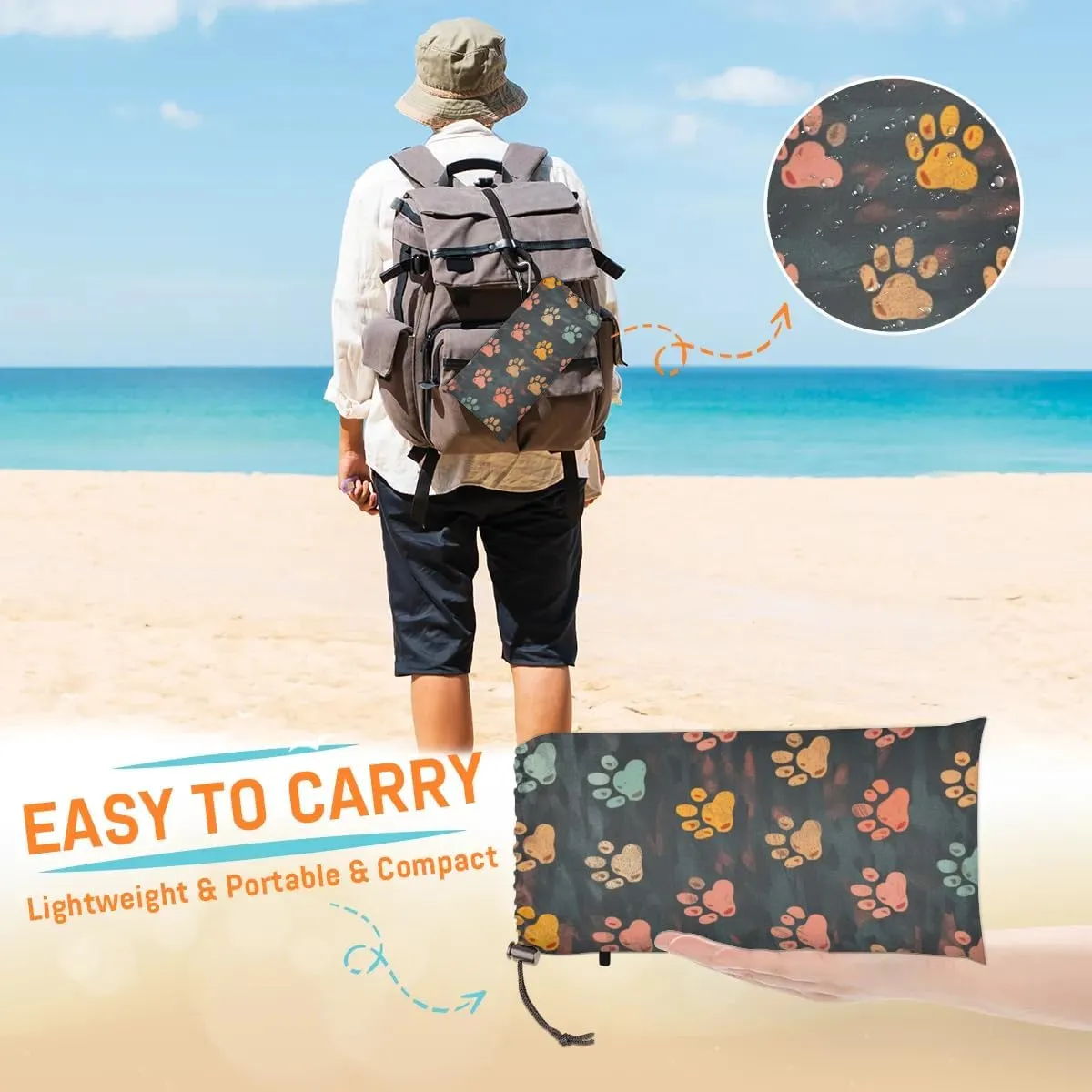 Paw Print Beach Blanket, Sandproof Beach Mat, Adults Waterproof Quick Drying Sand Free Mat with 4 x Ground Spikes for Outdoor Travel Camping Hiking, Cute Puppy Dog Paw