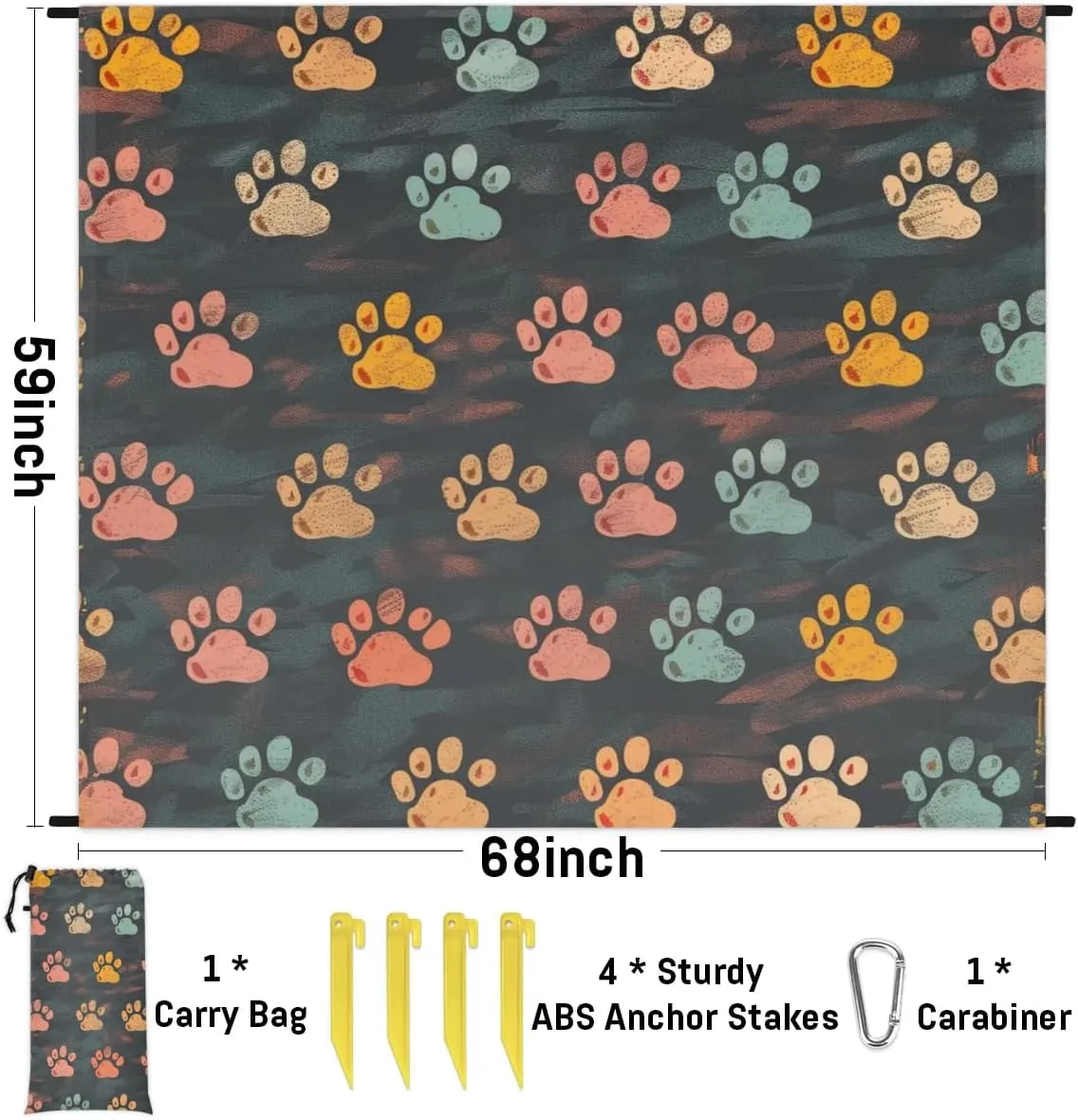 Paw Print Beach Blanket, Sandproof Beach Mat, Adults Waterproof Quick Drying Sand Free Mat with 4 x Ground Spikes for Outdoor Travel Camping Hiking, Cute Puppy Dog Paw