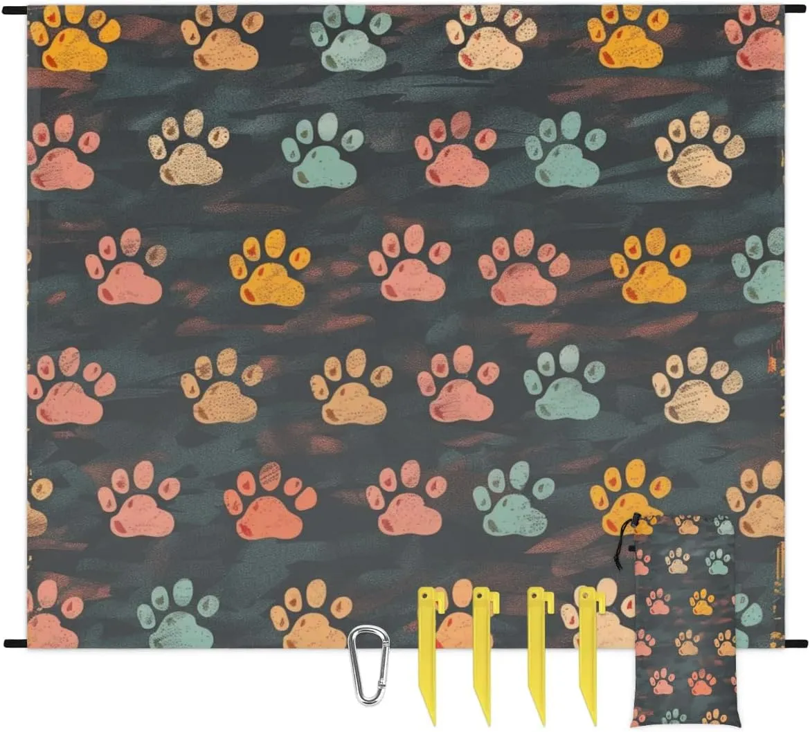 Paw Print Beach Blanket, Sandproof Beach Mat, Adults Waterproof Quick Drying Sand Free Mat with 4 x Ground Spikes for Outdoor Travel Camping Hiking, Cute Puppy Dog Paw