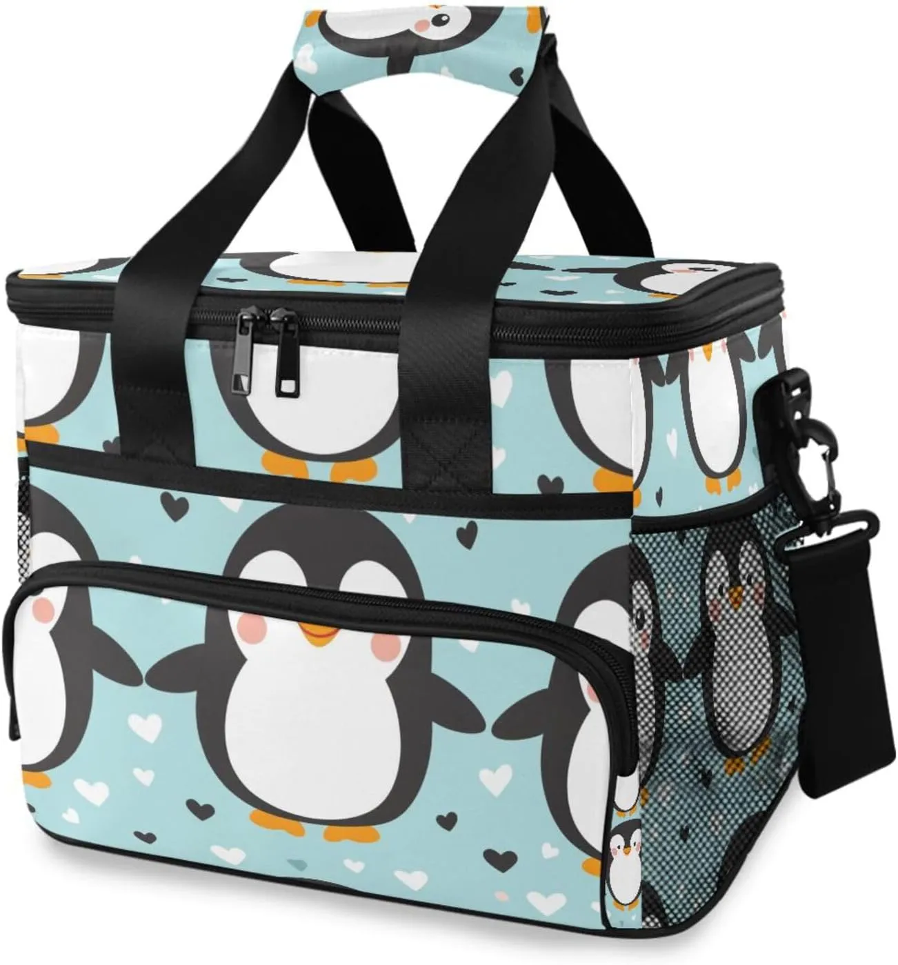Penguin Blue Heart Cooler Bag Insulated Cooler Soft Sided Cooler 24 Can Portable Picnic Bag Large Leakproof Lunch Bag Box for Beach Grocery Camping Travel Car Men Women