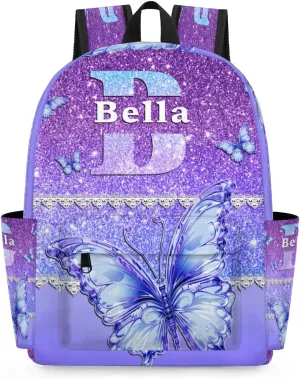 Personalized Backpack, Customize Backpacks with Name, Customized Purple Blue Glitters Bling Bag for Travel Picnic 15in, Lace Design with Blue Dreamy Butterfly