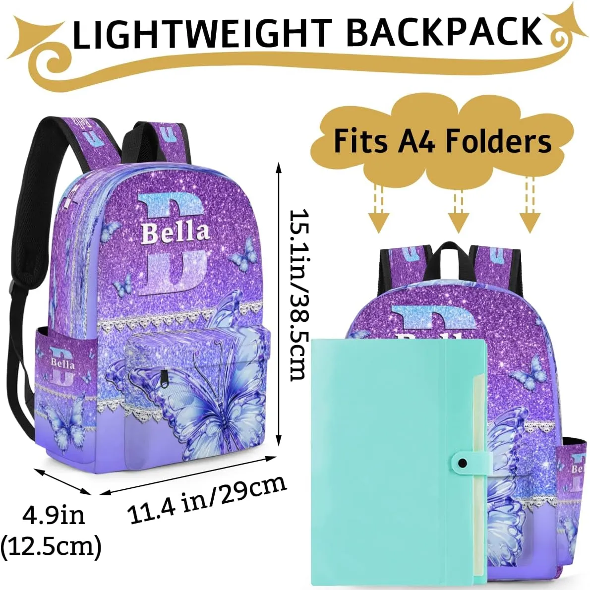 Personalized Backpack, Customize Backpacks with Name, Customized Purple Blue Glitters Bling Bag for Travel Picnic 15in, Lace Design with Blue Dreamy Butterfly