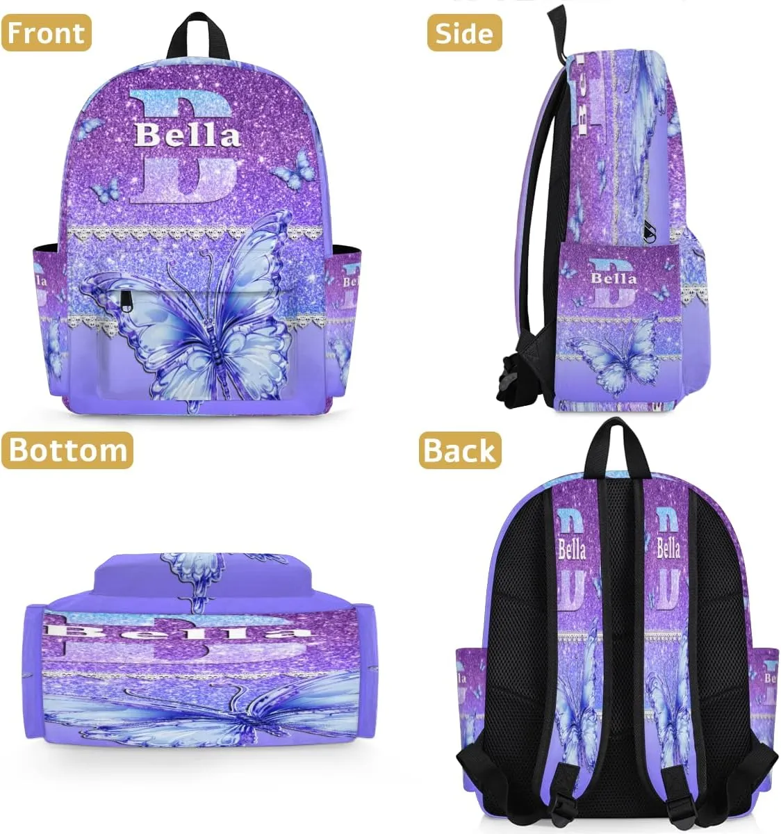 Personalized Backpack, Customize Backpacks with Name, Customized Purple Blue Glitters Bling Bag for Travel Picnic 15in, Lace Design with Blue Dreamy Butterfly