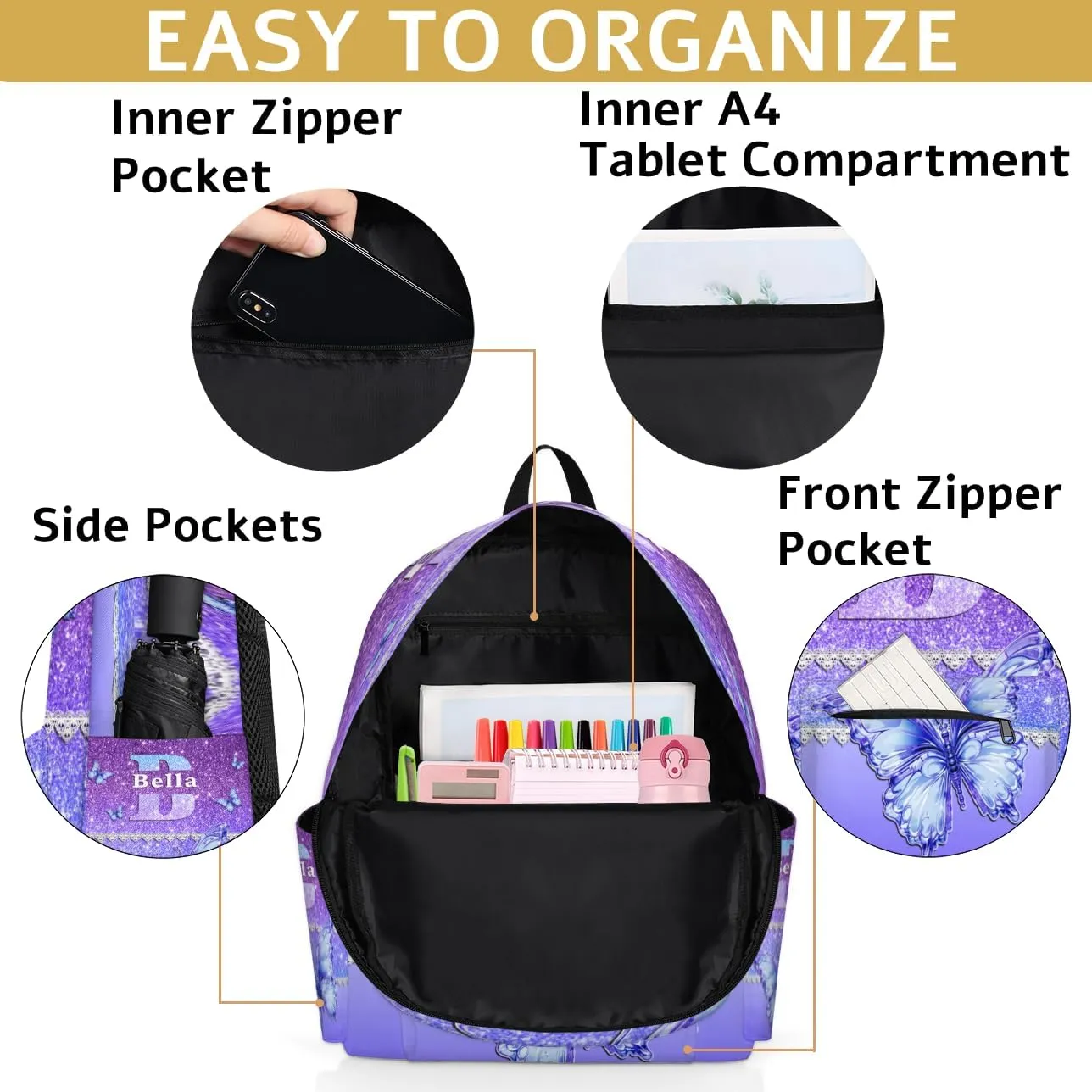 Personalized Backpack, Customize Backpacks with Name, Customized Purple Blue Glitters Bling Bag for Travel Picnic 15in, Lace Design with Blue Dreamy Butterfly