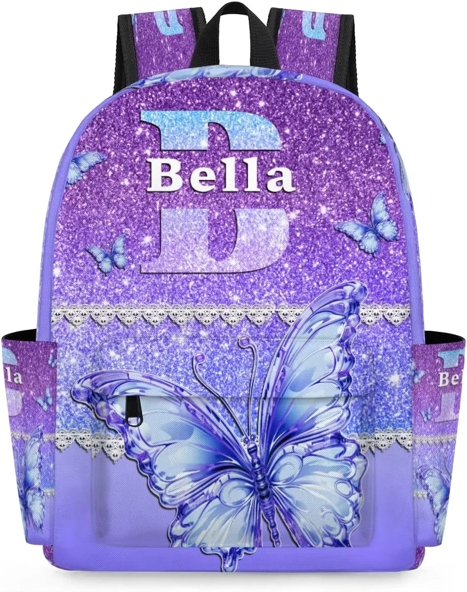 Personalized Backpack, Customize Backpacks with Name, Customized Purple Blue Glitters Bling Bag for Travel Picnic 15in, Lace Design with Blue Dreamy Butterfly