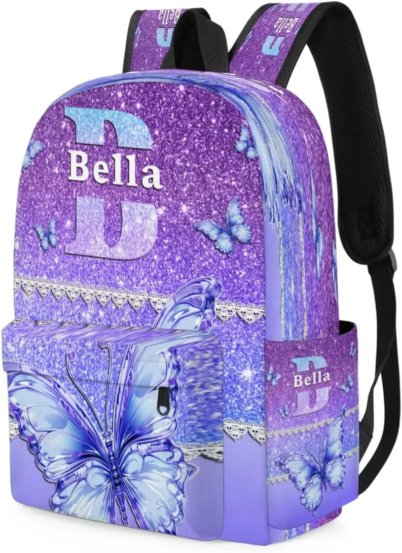 Personalized Backpack, Customize Backpacks with Name, Customized Purple Blue Glitters Bling Bag for Travel Picnic 15in, Lace Design with Blue Dreamy Butterfly
