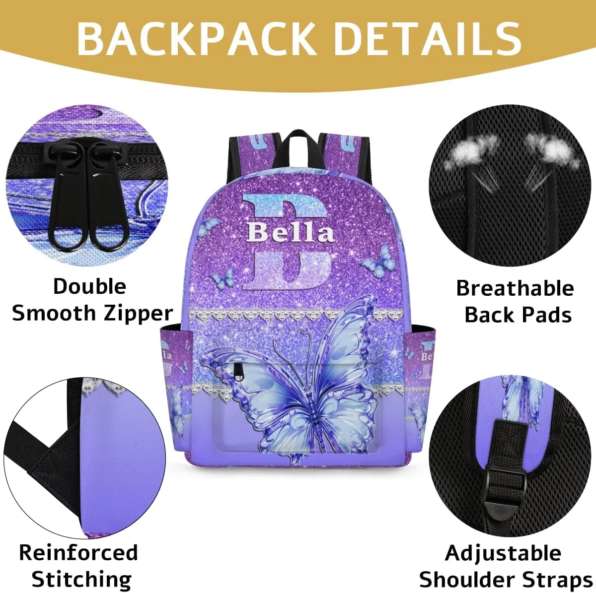 Personalized Backpack, Customize Backpacks with Name, Customized Purple Blue Glitters Bling Bag for Travel Picnic 15in, Lace Design with Blue Dreamy Butterfly