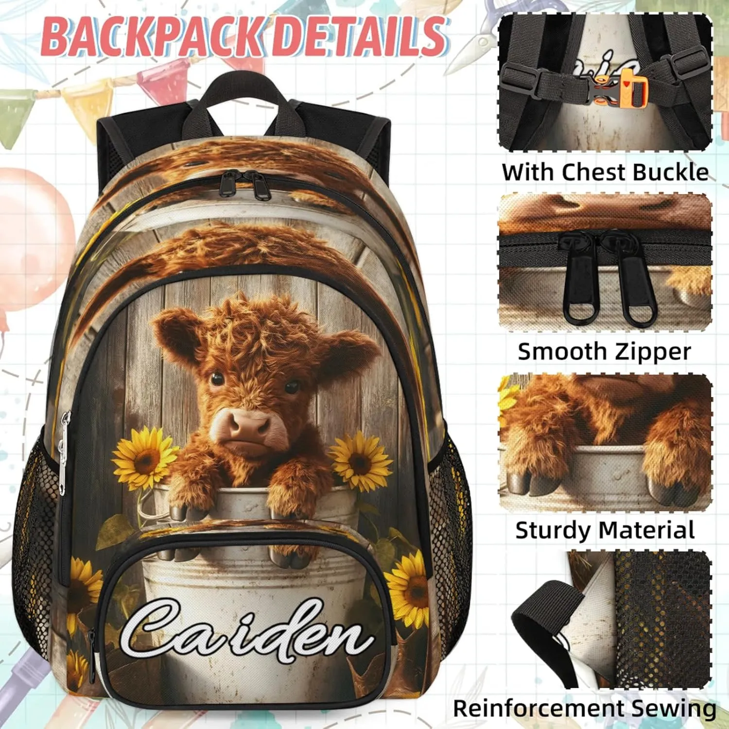 Personalized Backpack with Lunch Box for Men Women, 16" Causual Backpack for Travel, Bull Highland Cow Portrait Primitive Farm Custom Large Capacity Lightweight Dackpack,