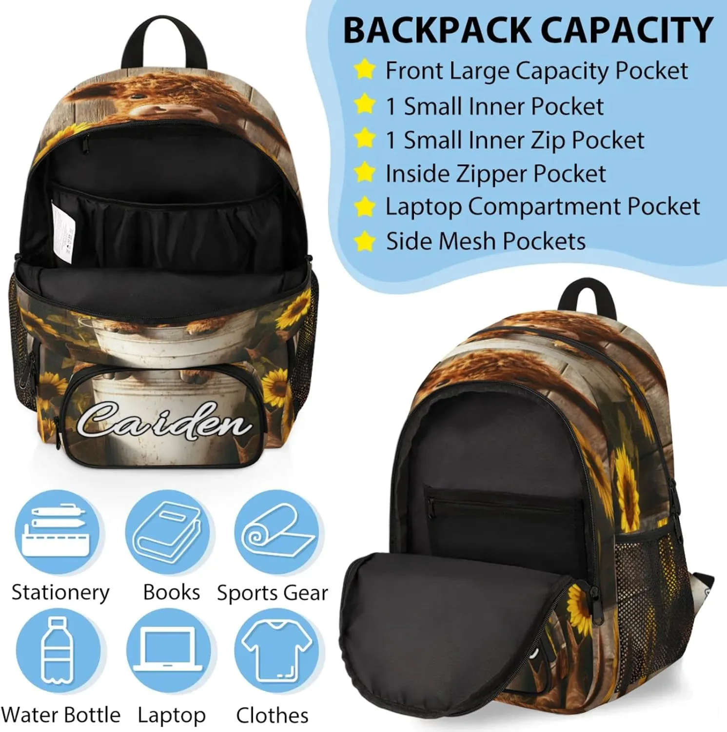 Personalized Backpack with Lunch Box for Men Women, 16" Causual Backpack for Travel, Bull Highland Cow Portrait Primitive Farm Custom Large Capacity Lightweight Dackpack,