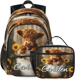 Personalized Backpack with Lunch Box for Men Women, 16" Causual Backpack for Travel, Bull Highland Cow Portrait Primitive Farm Custom Large Capacity Lightweight Dackpack,