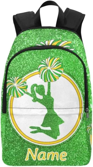 Personalized Cheer Girl Green Print Backpack with Name Custom Travel Daypack Bag for Man Woman Gifts