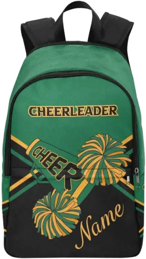 Personalized Cheerleader Green Gold & Black Backpack with Name Custom Travel Daypack Bag for Man Woman Gifts