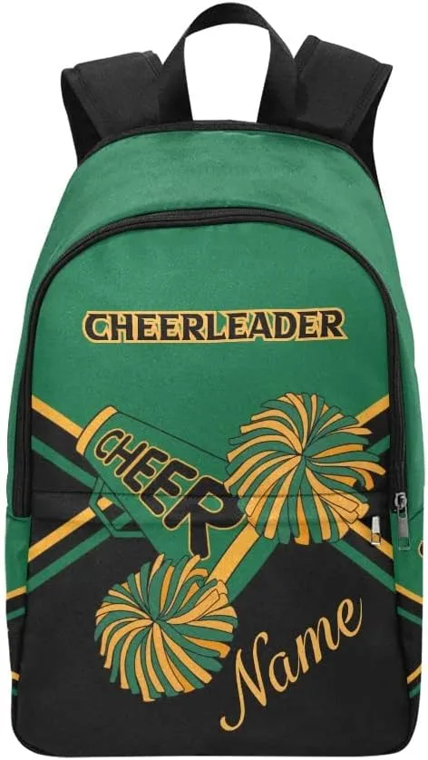 Personalized Cheerleader Green Gold & Black Backpack with Name Custom Travel Daypack Bag for Man Woman Gifts