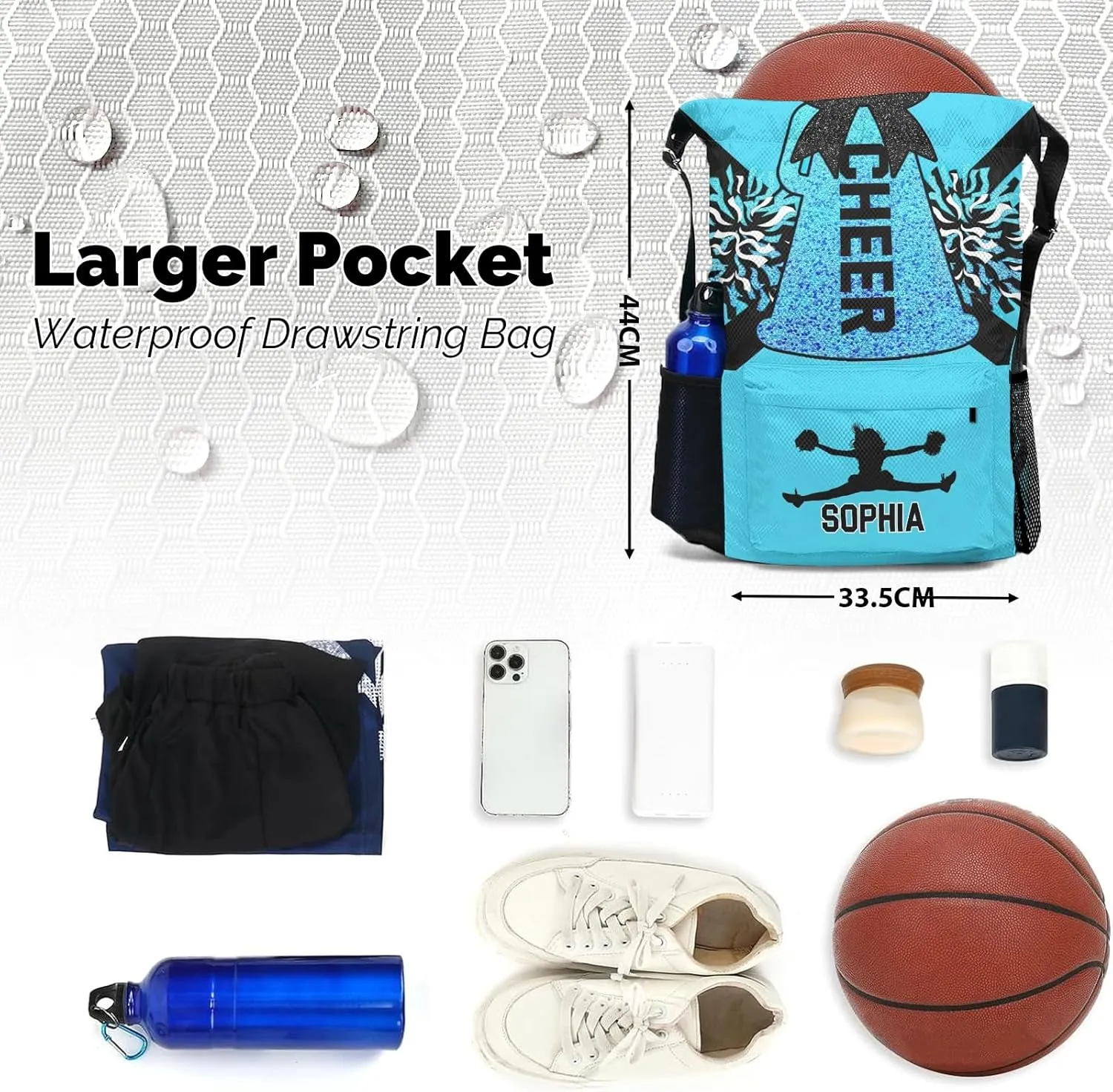 Personalized Drawstring Sackpack Backpack String Bag Sports Cheer Lake Blue Cheerleader Gym Bag for Woman Waterproof Yoga Competition Bag