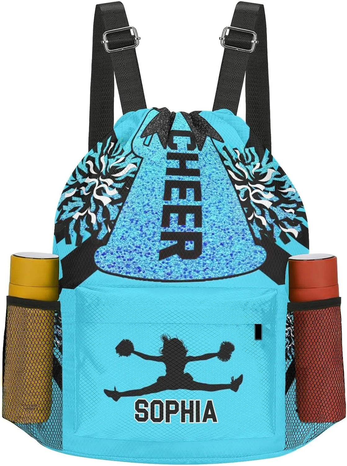 Personalized Drawstring Sackpack Backpack String Bag Sports Cheer Lake Blue Cheerleader Gym Bag for Woman Waterproof Yoga Competition Bag