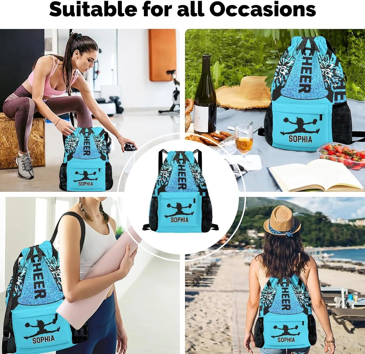 Personalized Drawstring Sackpack Backpack String Bag Sports Cheer Lake Blue Cheerleader Gym Bag for Woman Waterproof Yoga Competition Bag