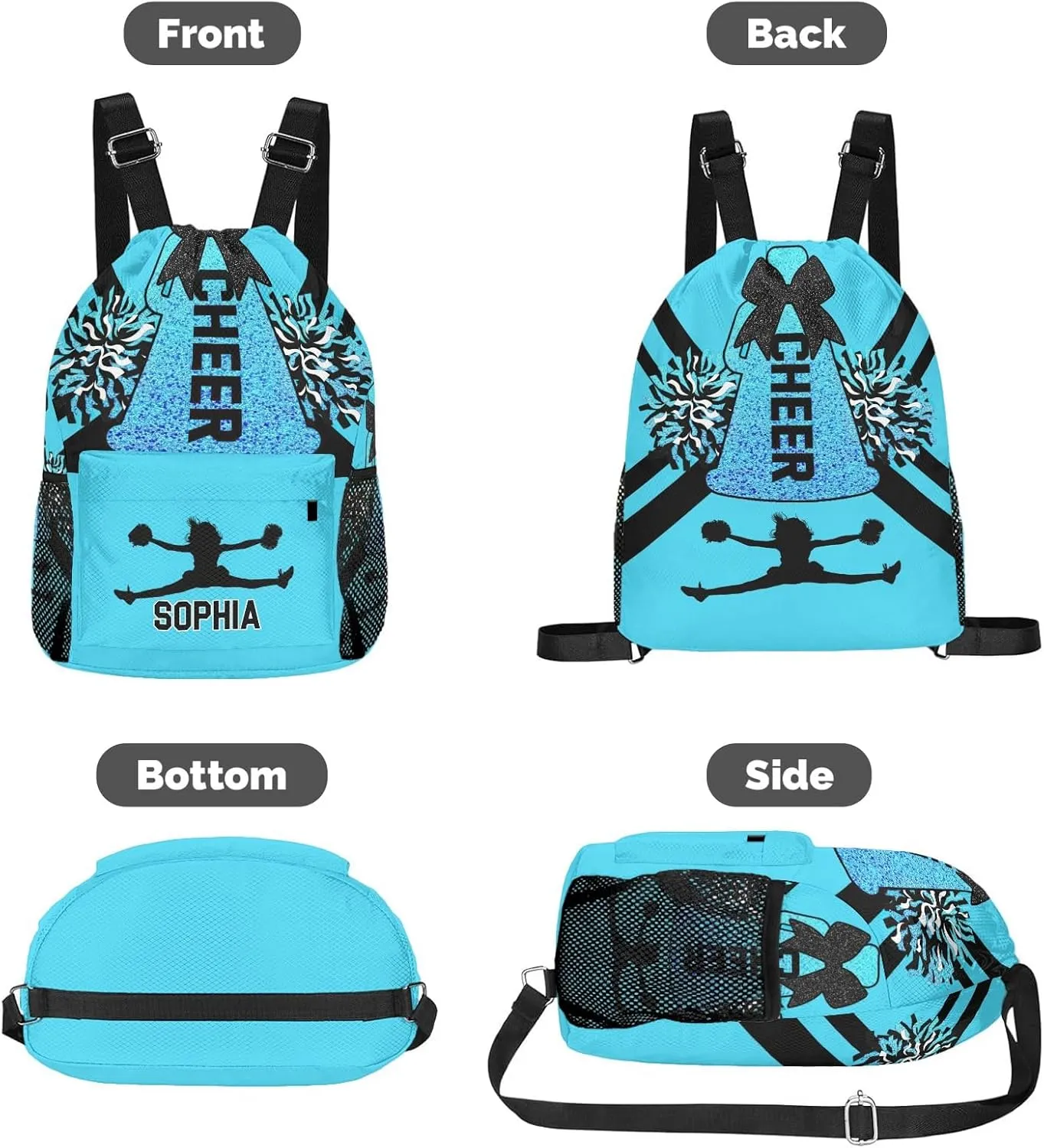 Personalized Drawstring Sackpack Backpack String Bag Sports Cheer Lake Blue Cheerleader Gym Bag for Woman Waterproof Yoga Competition Bag