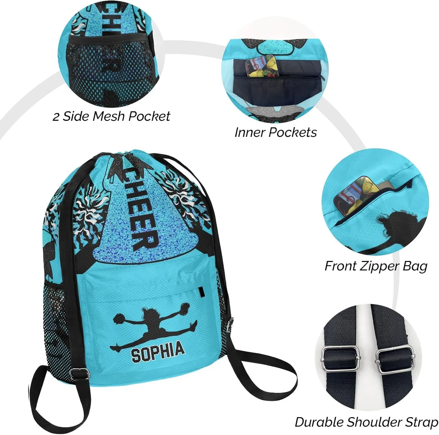 Personalized Drawstring Sackpack Backpack String Bag Sports Cheer Lake Blue Cheerleader Gym Bag for Woman Waterproof Yoga Competition Bag