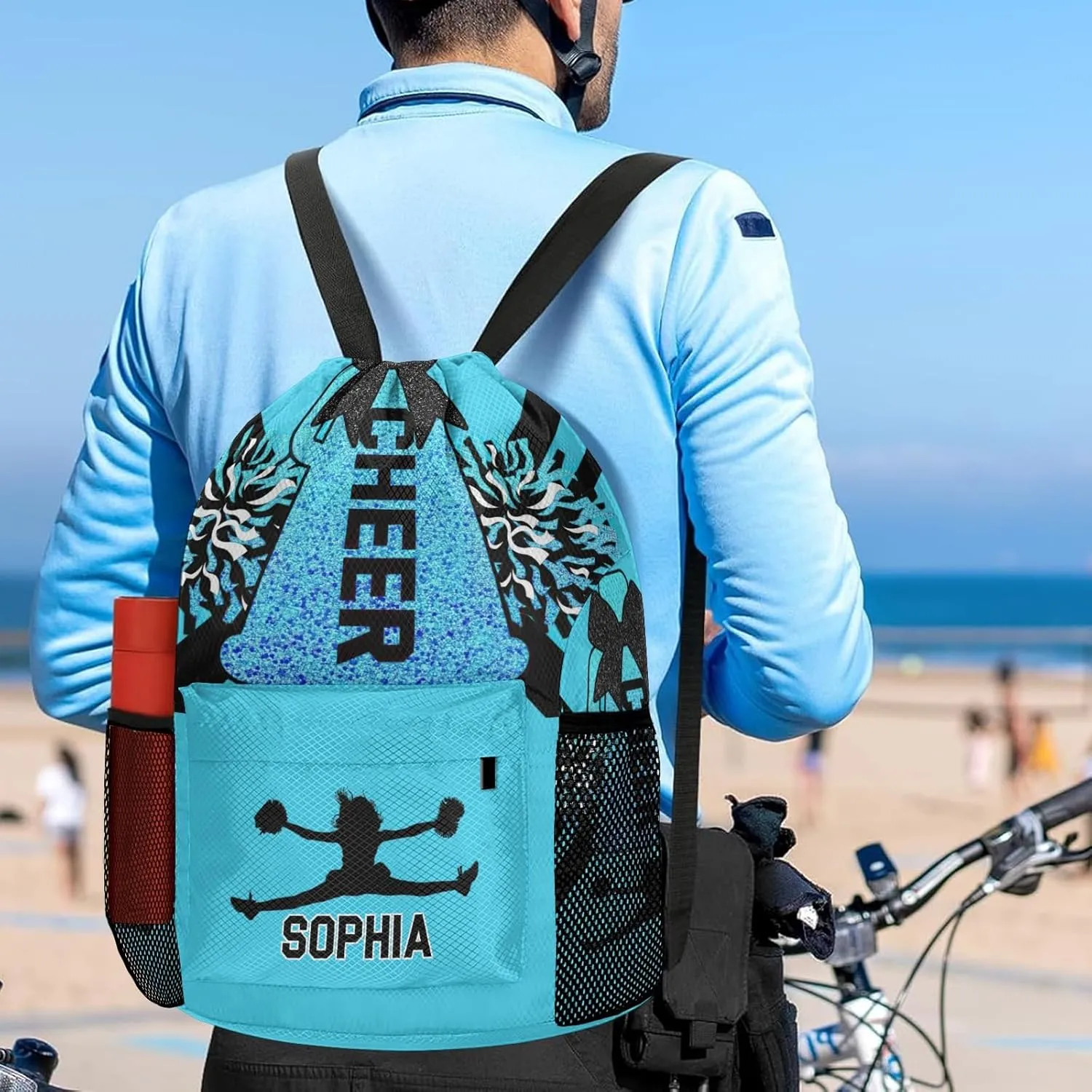 Personalized Drawstring Sackpack Backpack String Bag Sports Cheer Lake Blue Cheerleader Gym Bag for Woman Waterproof Yoga Competition Bag