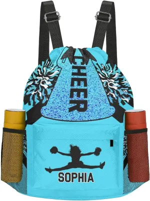 Personalized Drawstring Sackpack Backpack String Bag Sports Cheer Lake Blue Cheerleader Gym Bag for Woman Waterproof Yoga Competition Bag