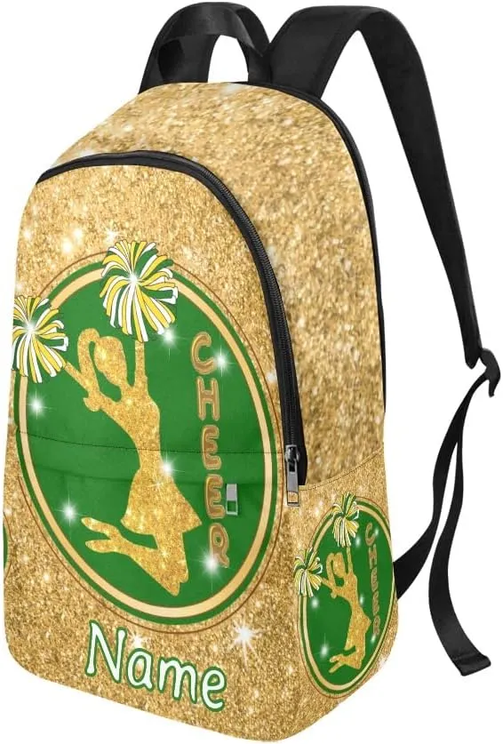Personalized Girl Cheer Green Gold Print Backpack with Name Custom Travel Daypack Bag for Man Woman Gifts