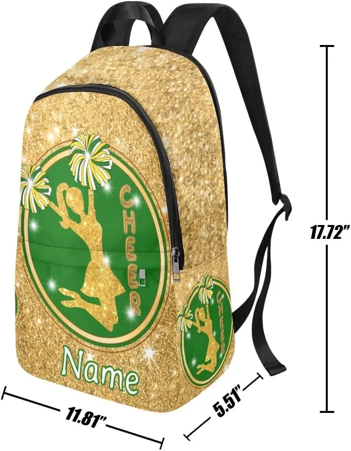 Personalized Girl Cheer Green Gold Print Backpack with Name Custom Travel Daypack Bag for Man Woman Gifts
