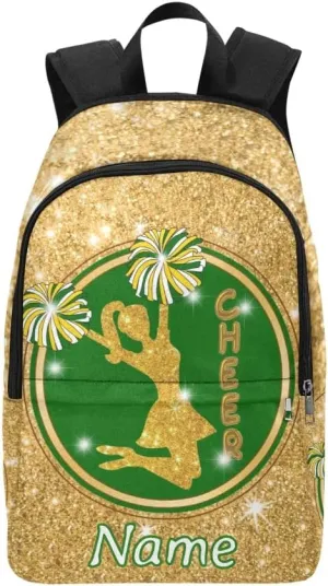 Personalized Girl Cheer Green Gold Print Backpack with Name Custom Travel Daypack Bag for Man Woman Gifts