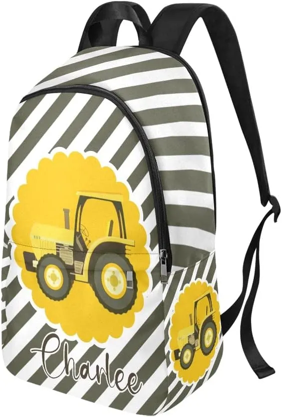 Personalized Yellow Tractor Stripes Backpack with Name Custom Travel Daypack Bag for Man Woman Gifts