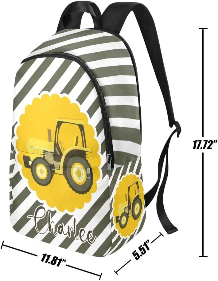 Personalized Yellow Tractor Stripes Backpack with Name Custom Travel Daypack Bag for Man Woman Gifts