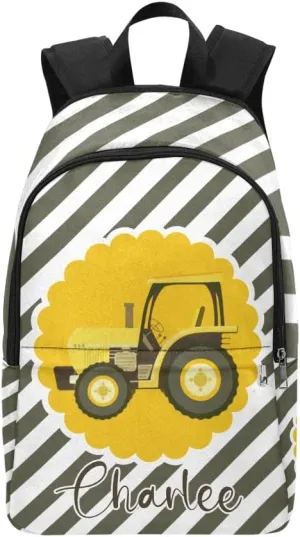 Personalized Yellow Tractor Stripes Backpack with Name Custom Travel Daypack Bag for Man Woman Gifts