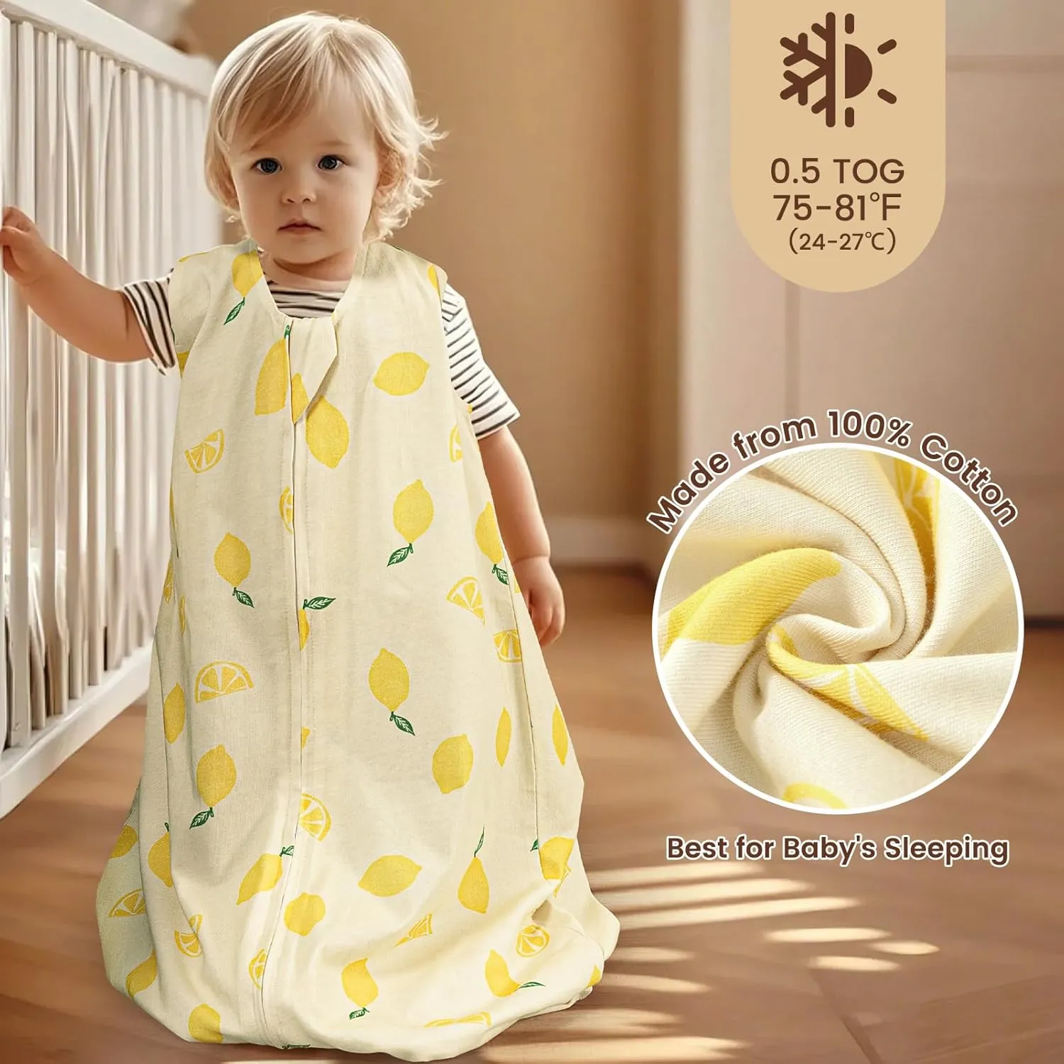 PHF Soft Baby Sleep Sack 6-12 Months 100% Cotton Wearable Blanket, 2-Way Zipper 0.5 TOG Toddler Sleeping Sack 3 Pack, Comfy Sleep Bag for Baby Boys Girls, Lemon (Medium)