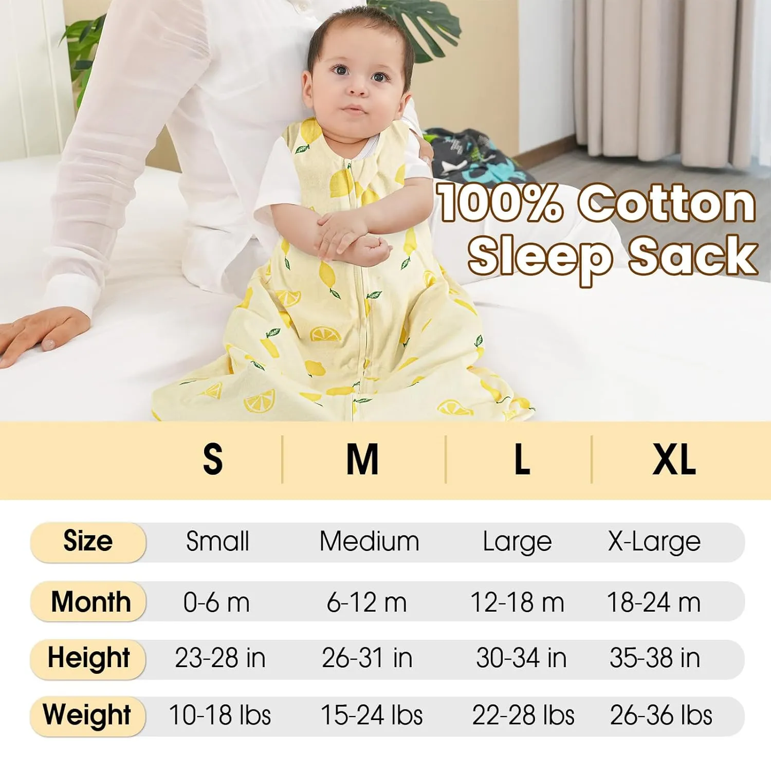 PHF Soft Baby Sleep Sack 6-12 Months 100% Cotton Wearable Blanket, 2-Way Zipper 0.5 TOG Toddler Sleeping Sack 3 Pack, Comfy Sleep Bag for Baby Boys Girls, Lemon (Medium)