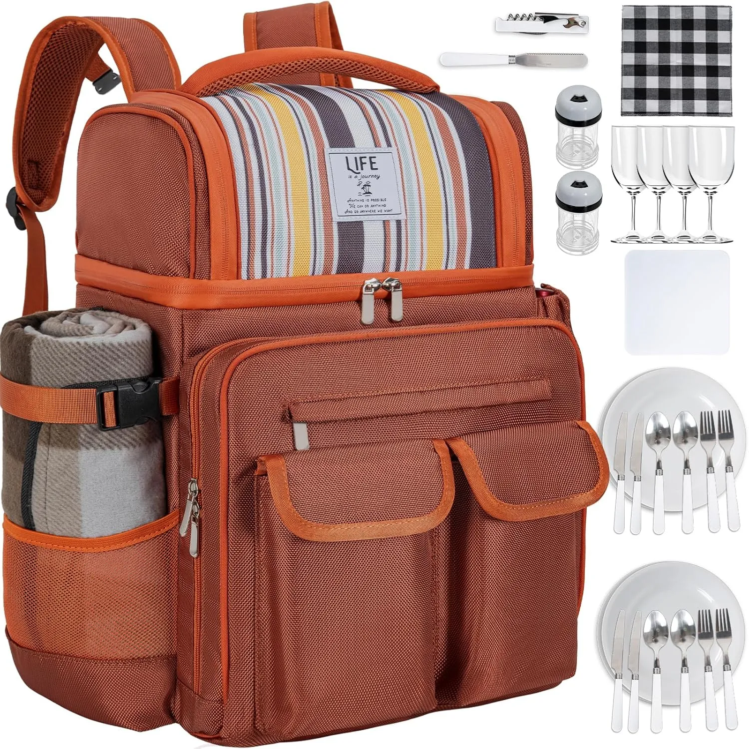Picnic Backpack for 4 Person with 2 Insulated Leakproof Cooler Compartment, 4 Cutlery Sets, Wine Holder, Fleece Blanket, Perfect for Beach, Camping, Hiking, Brown