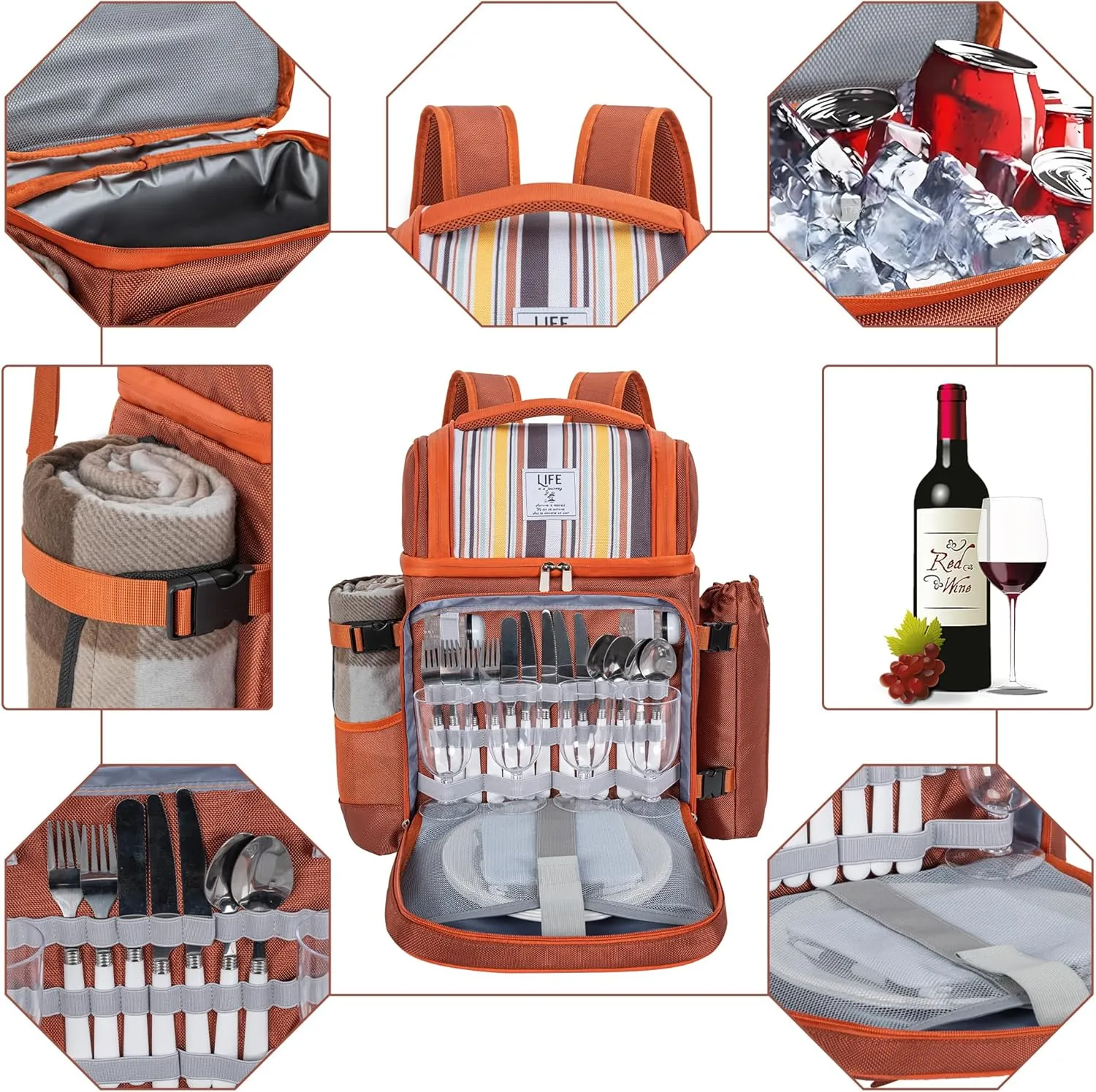 Picnic Backpack for 4 Person with 2 Insulated Leakproof Cooler Compartment, 4 Cutlery Sets, Wine Holder, Fleece Blanket, Perfect for Beach, Camping, Hiking, Brown